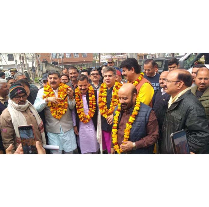 BJP senior leader and former Minister, Bali Bhagat along with MP Jugal Kishore Sharma, party president, Ravinder Raina and Ex MLA Balwant Singh Mankotia during a rally at Nagrota on Thursday.