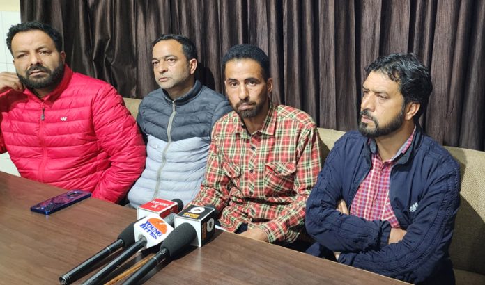 Contractors from Block Harman of Shopian district addressing a press conference at Jammu on Friday. Contractors from Block Harman of Shopian district addressing a press conference at Jammu on Friday.