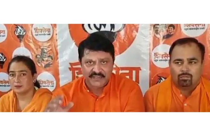 Shiv Sena (UBT) chief Manish Sahni addressing media persons in Jammu on Sunday.