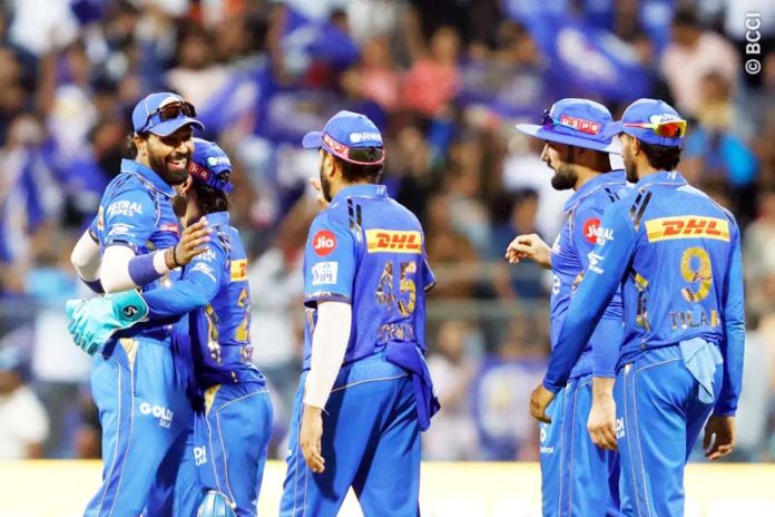 MI players celebrating victory against Delhi Capitals on Sunday.