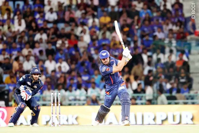 Marcus Stoinis playing a cover drive in his innings of 58 runs against Gujarat Titans. Marcus Stoinis playing a cover drive in his innings of 58 runs against Gujarat Titans.