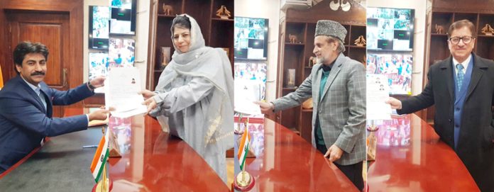 Mehbooba Mufti, Mian Altaf and Zaffar Manhas filing nomination papers in Anantnag on Thursday. Mehbooba Mufti, Mian Altaf and Zaffar Manhas filing nomination papers in Anantnag on Thursday.