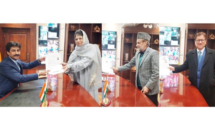 Mehbooba Mufti, Mian Altaf and Zaffar Manhas filing nomination papers in Anantnag on Thursday.