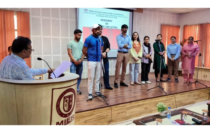 Students during a theatre workshop at a college in Jammu on Friday.