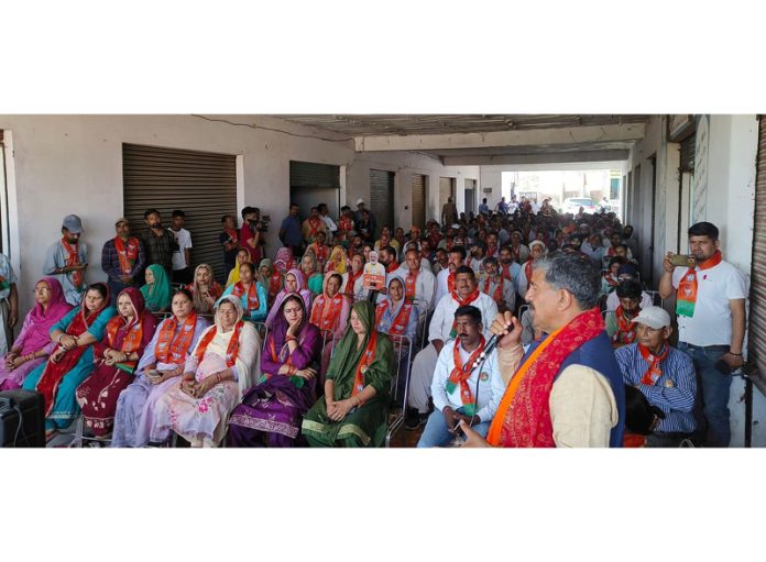 MP Jugal Kishore Sharma addressing an election meeting in Gajansoo area on Saturday.
