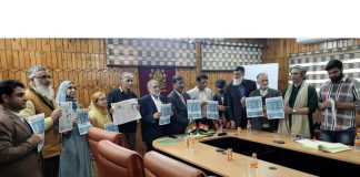 Prof. Ravinder Nath, VC-Central University Kashmir launching a magazine in Srinagar on Friday.