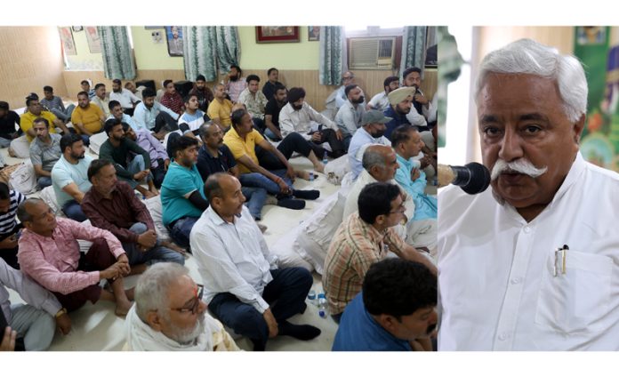 Senior NC leader Ajay Sadhotra addressing party convention in Jammu on Friday. -Excelsior/Rakesh