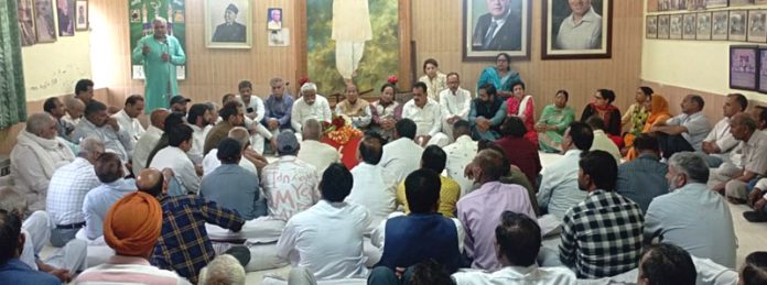NC leader Ajay Kumar Sadhotra addressing a party workers meeting in Jammu on Wednesday.