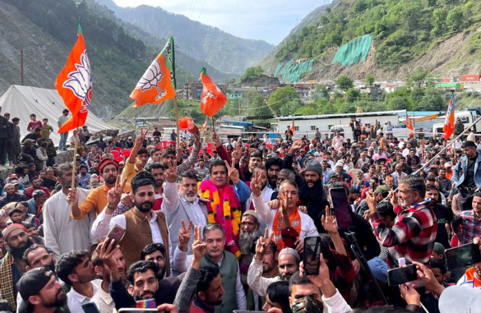 BJP president Ravinder Raina during a public rally in Ramban on Wednesday.