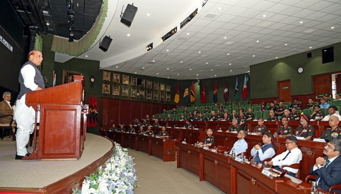 Defence Minister Rajnath Singh addressing the top Army Commanders on concluding day of their conference at New Delhi on Tuesday. Defence Minister Rajnath Singh addressing the top Army Commanders on concluding day of their conference at New Delhi on Tuesday.