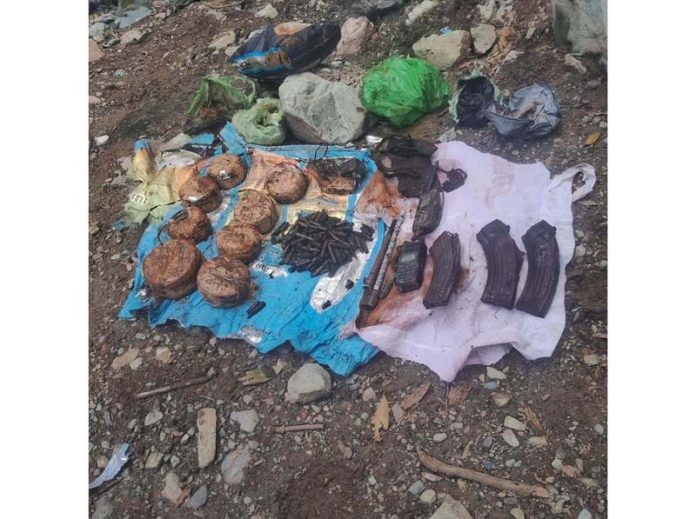 Arms and explosives recovered from a hideout in Thannamandi area of Rajouri district on Sunday. -Excelsior/Imran