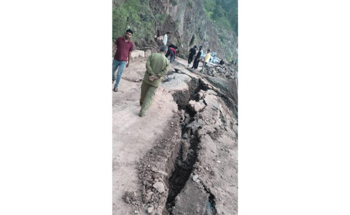 Portion of road where land sunk in Ramban district on Thursday evening.