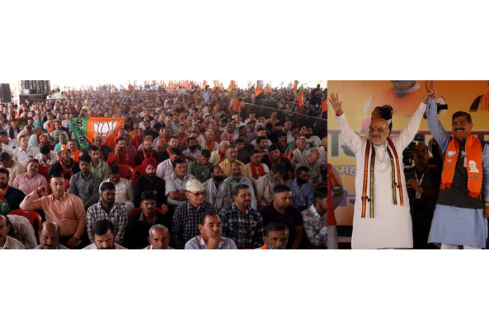 Union Home Minister Amit Shah addressing a mammoth rally at Paloura, Jammu on Tuesday. -Excelsior/Rakesh Union Home Minister Amit Shah addressing a mammoth rally at Paloura, Jammu on Tuesday. -Excelsior/Rakesh