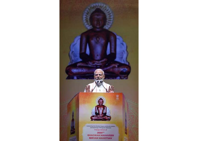Prime Minister Narendra Modi addressing at the inauguration of the 2550th Bhagwan Mahavir Nirvan Mahotsav at Bharat Mandapam, in New Delhi on Sunday. (UNI)