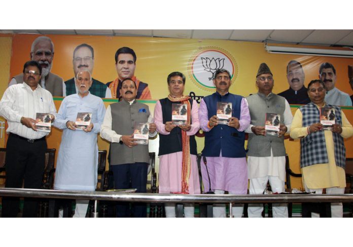Union Minister Dr Jitendra Singh, BJP J&K president Ravinder Raina and other party leaders releasing Dr Kulbushan Mohatra’s book at BJP Headquarters, Trikuta Nagar on Saturday. Excelsior/Rakesh