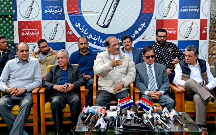 Apni Party leader Dilawar Mir during a press conference in Srinagar on Thursday. — Excelsior/Shakeel