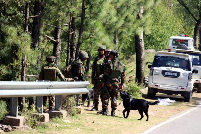 Security personnel conducting searches after recovery of IEDs in Mendhar on Wednesday. -Excelsior/Rahi Kapoor