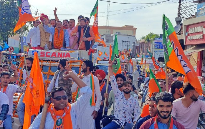 Union Minister Dr Jitendra Singh leading a massive roadshow at Kathua on Wednesday.
