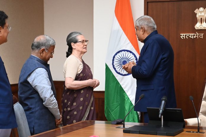 Congress Parliamentary Party Chairperson Sonia Gandhi meeting Rajya Sabha Chairman and Vice President Jagdeep Dhankhar after taking oath as Rajya Sabha MP, at Parliament house in New Delhi on Thursday. (UNI) Congress Parliamentary Party Chairperson Sonia Gandhi meeting Rajya Sabha Chairman and Vice President Jagdeep Dhankhar after taking oath as Rajya Sabha MP, at Parliament house in New Delhi on Thursday. (UNI)