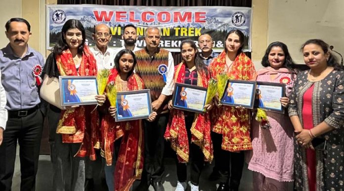 Ashwani Sharma, former MLA and Patron Tawi Trekkers J&K felicitating group leaders during a programme on Sunday.