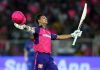 Yashasvi Jaiswal raising his bat after scoring 104 of 60 balls not out against Mumbai Indians at Jaipur on Monday.