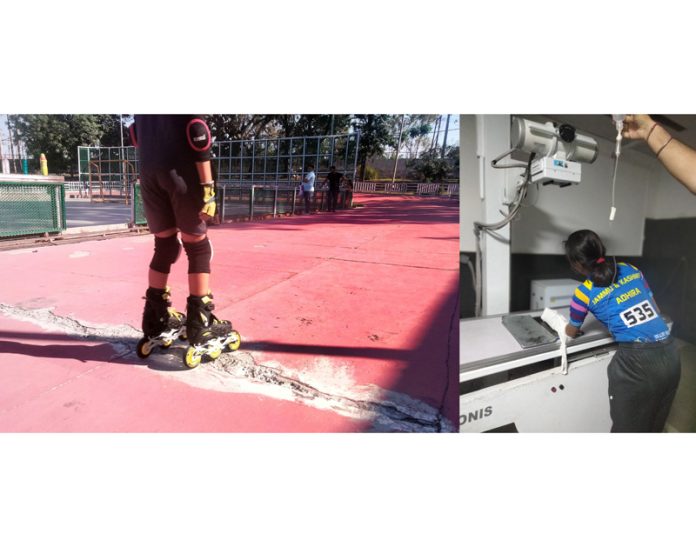 Deteriorating condition of synthetic rink (L) and a skater Adhira Kanotra undergoing treatment at hospital after she suffered a fracture in her elbow (R).