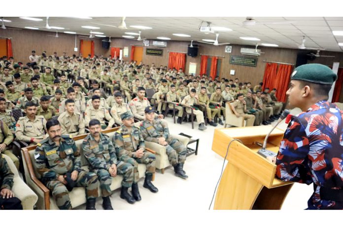 Honorary Captain Mohd Sadiq (Retd) delivering a lecture at NCC Training Academy Nagrota on Monday. Honorary Captain Mohd Sadiq (Retd) delivering a lecture at NCC Training Academy Nagrota on Monday.