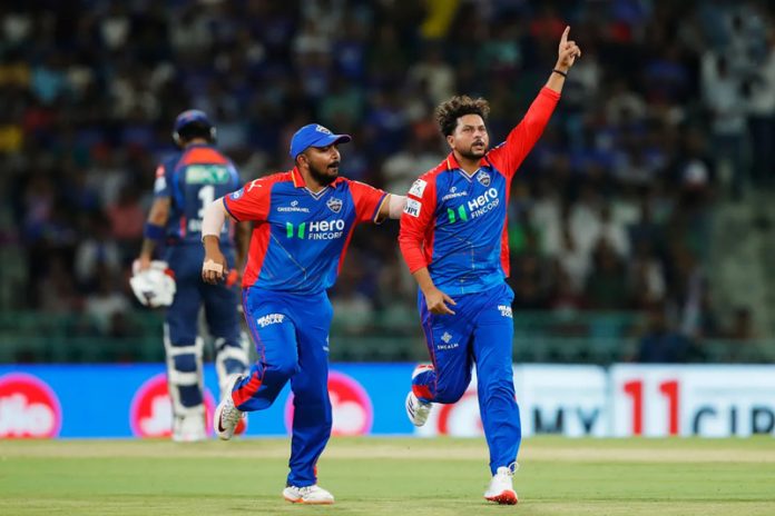 Kuldeep Yadav celebrating after taking 3 wickets in a match against Lucknow Super Giants on Friday. Kuldeep Yadav celebrating after taking 3 wickets in a match against Lucknow Super Giants on Friday.