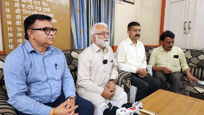 Office bearers of Sanatan Dharam Sabha during a press conference at Jammu on Monday.