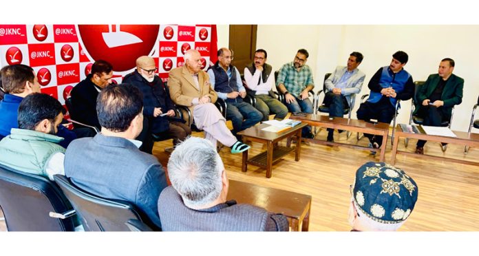 NC president Dr Farooq Abdullah in a meeting with constituency incharges of the North Kashmir Parliament seat. NC president Dr Farooq Abdullah in a meeting with constituency incharges of the North Kashmir Parliament seat.
