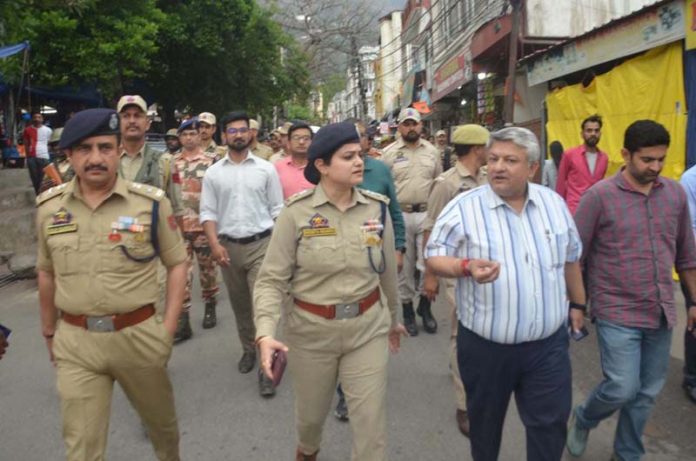District Magistrate Vishesh Mahajan along with SSP Mohita Sharma during visit to Katra on Thursday.
