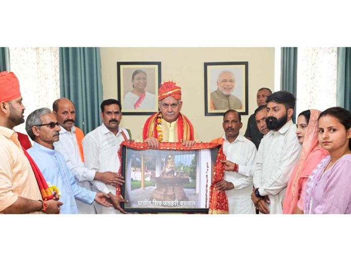 Lt Governor Manoj Sinha meeting delegation of Shri Mata Vaishno Devi Ji Pracheen Marg Shrine Sanstha.
