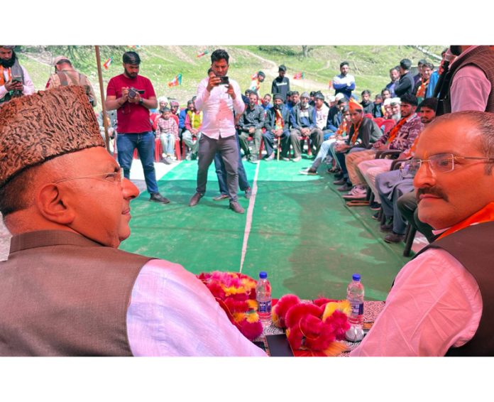 Gulam Ali Khatana addressing a public meeting in Doda on concluding day of election campaign.