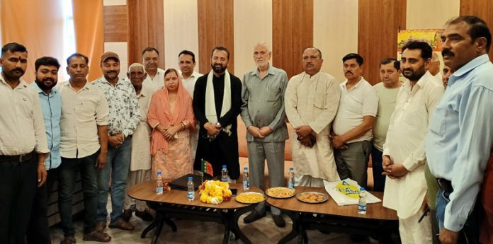 Former BJP president and ex MP (RS), Shamsher Singh Manhas during campaigning at Khour on Wednesday.