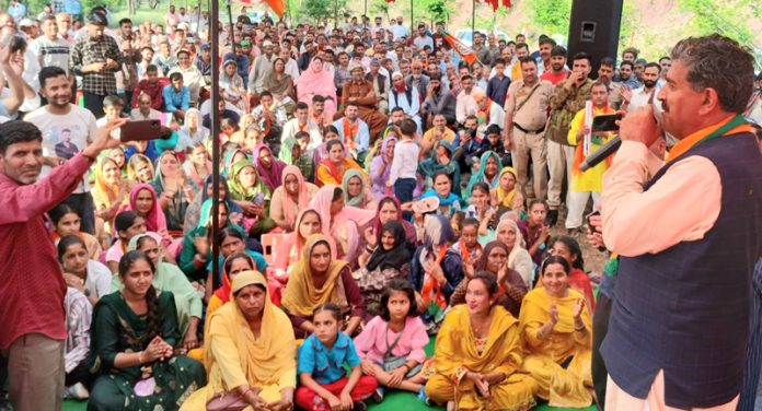 BJP candidate for Jammu Lok Sabha seat, Jugal Kishore Sharma addressing a mammoth public meeting at a Sunderbani village on Tuesday. BJP candidate for Jammu Lok Sabha seat, Jugal Kishore Sharma addressing a mammoth public meeting at a Sunderbani village on Tuesday.