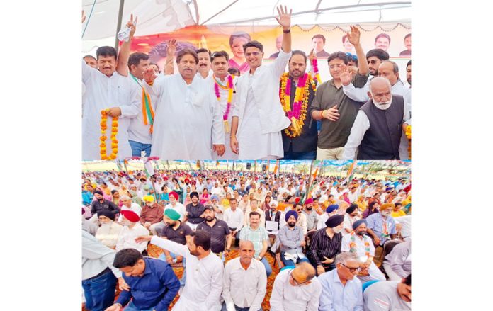 Senior AICC leader Sachin Pilot, JKPCC chief Vikar Rasool Wani and Cong candidate Raman Bhalla during election rally in R S Pura. -Excelsior/Rakesh Senior AICC leader Sachin Pilot, JKPCC chief Vikar Rasool Wani and Cong candidate Raman Bhalla during election rally in R S Pura. -Excelsior/Rakesh