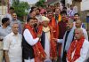 BJP candidate from Jammu-Reasi LS Constituency, Jugal Kishore Sharma along with others during campaigning in Nagrota area on Thursday.