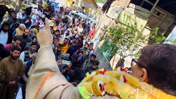 Apni Party candidate Zaffar Iqbal Manhas addressing public rally at Zainapora in South Kashmir on Thursday.