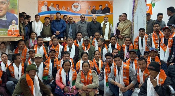 BJP leaders during a party meeting at Leh on Tuesday.