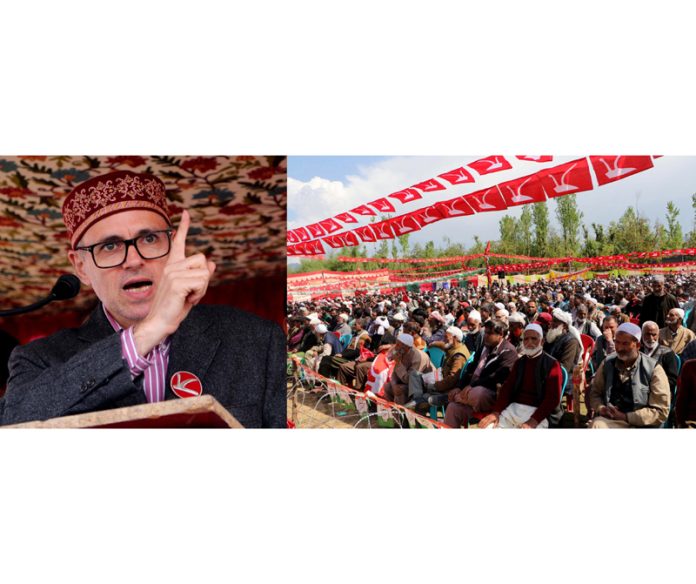 Former Chief Minister Omar Abdullah addressing a public rally in Kulgam on Tuesday. Former Chief Minister Omar Abdullah addressing a public rally in Kulgam on Tuesday.