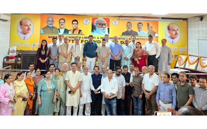 BJP leaders during celebration of Foundation Day of Nanaji Deshmukh Library at Jammu on Tuesday.