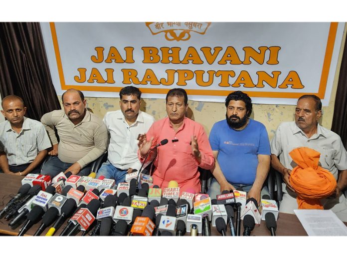 Chairman of All India Rajput Ekta Manch addressing press conference at Jammu on Thursday. Chairman of All India Rajput Ekta Manch addressing press conference at Jammu on Thursday.