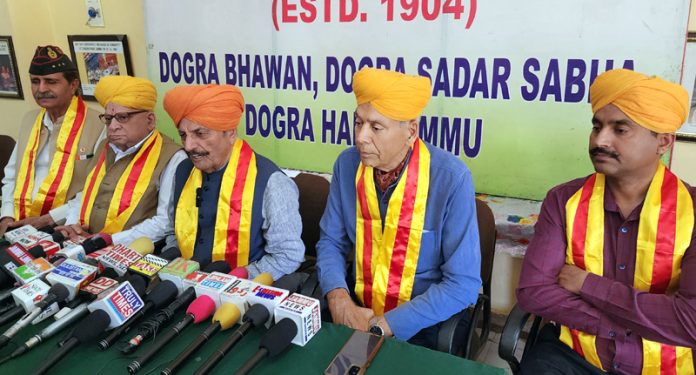 DSS President G S Charak addressing media persons at Jammu on Tuesday.— Excelsior/Rakesh