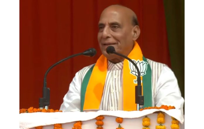 Defence Minister Rajnath Singh addressing a public meeting in Rewa Lok Sabha seat on Thursday