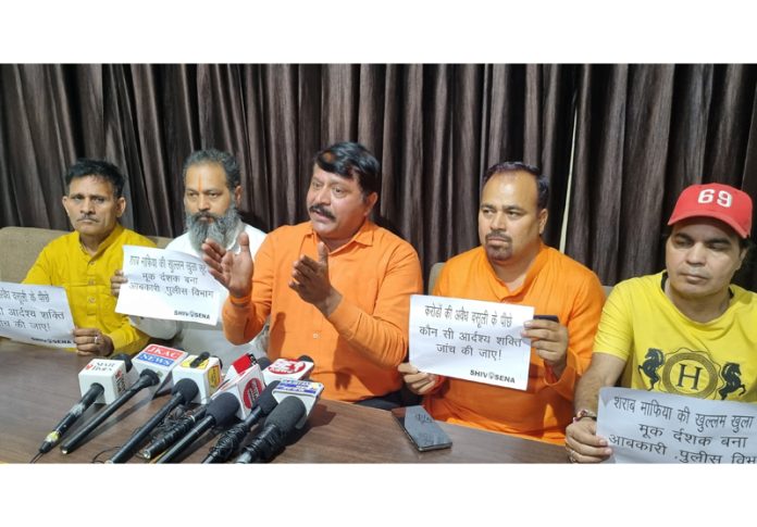 Shiv Sena (UBT) leader Manish Sahni addressing press conference at Jammu on Saturday.