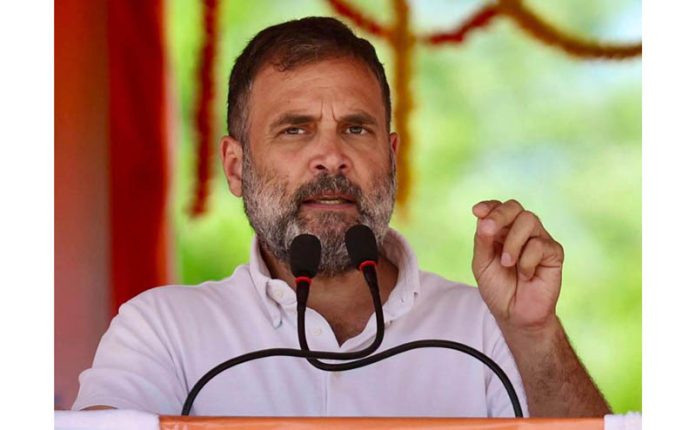 Congress leader Rahul Gandhi addressing supporters at an election rally in support of I.N.D.I alliance candidate for Lok Sabha election-2024 at Bhagalpur in Bihar on Saturday. (UNI)
