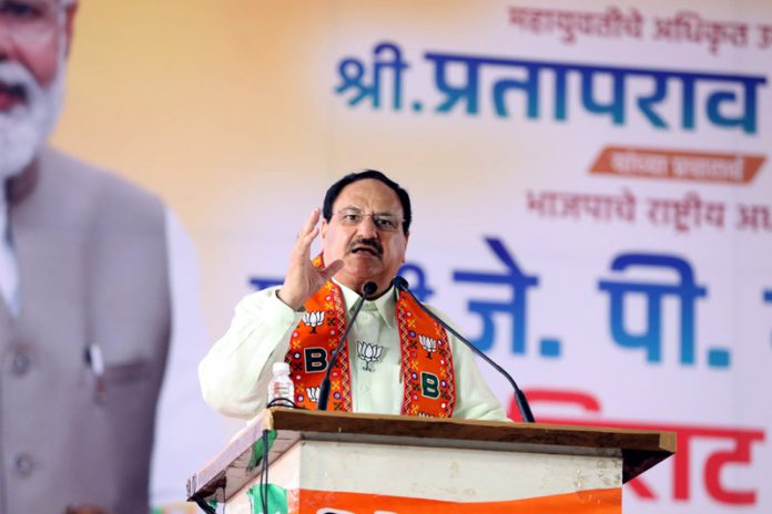 BJP National President J P Nadda addressing the public election meeting, in Buldhana, Maharashtra on Sunday. (UNI)