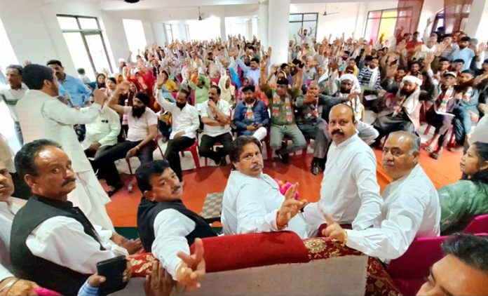 Cong candidate Raman Bhalla and others during election meeting in Samba on Friday.