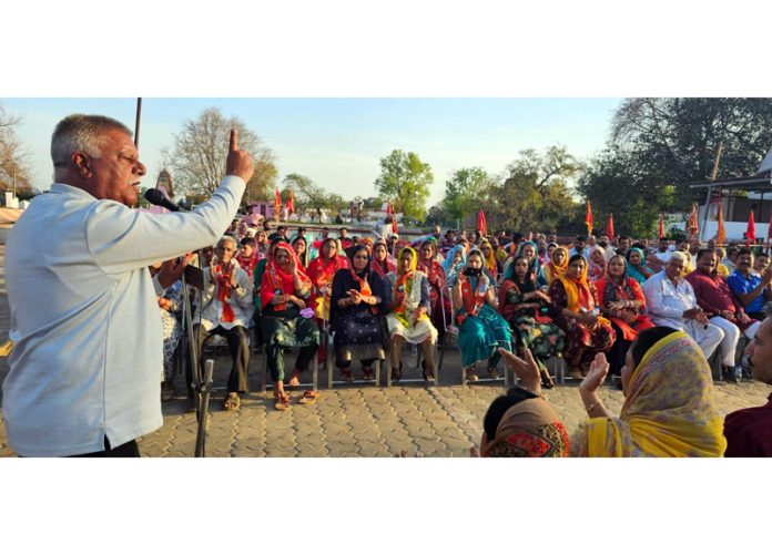 BJP leader Choudhary Sukhnandan addressing a gathering at Marh area of Jammu on Tuesday.