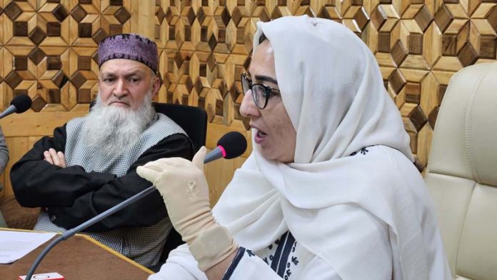 Chairperson, J&K Waqf Board, Dr Darakhshan Andrabi speaking during conference of Imams and Khateebs in Srinagar on Monday.